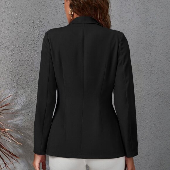 Black Elegant Women's Lapel Collar Double Breasted Flap Detail Blazer - Picture 2 of 7